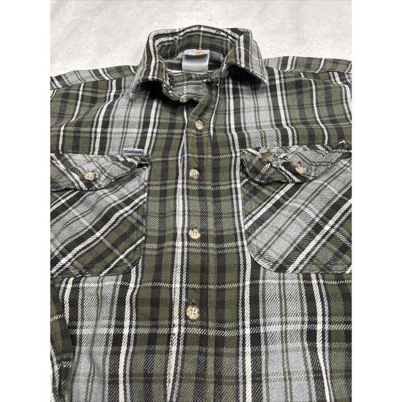 Carhartt Distressed Grunge Gray & Green Plaid Flannel Shirt Men's Size Large - Picture 2 of 9